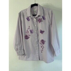 Draper's & Damon's Purple Pin Strip Embroidred 3D Flower Butterflies Button Up